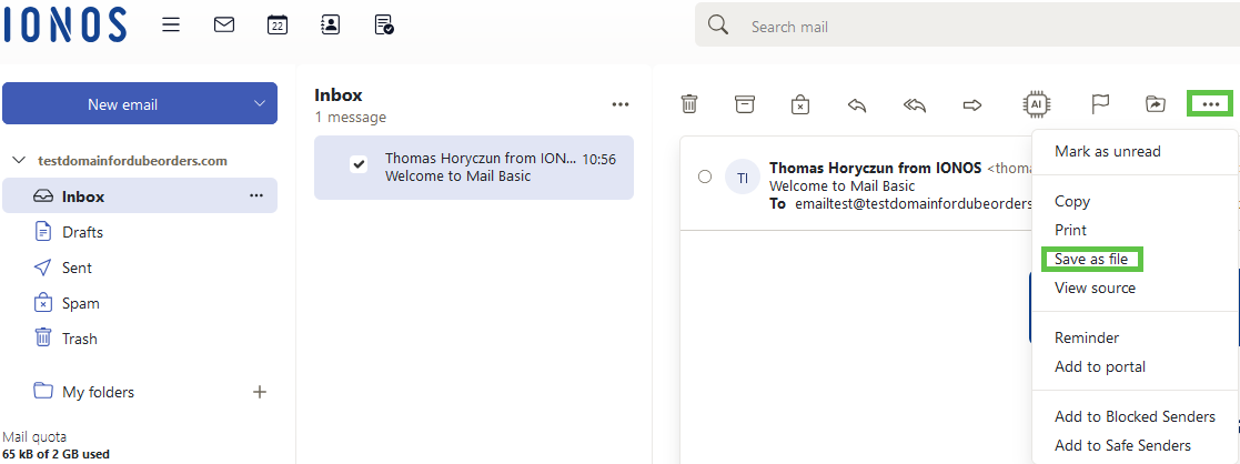 IONOS Webmail with the Save as file menu option highlighted within the other actions menu.