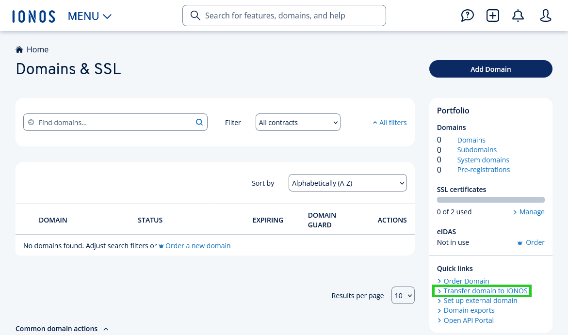 The Domains & SSL section of the IONOS account, with the Transfer domain to IONOS link highlighted.