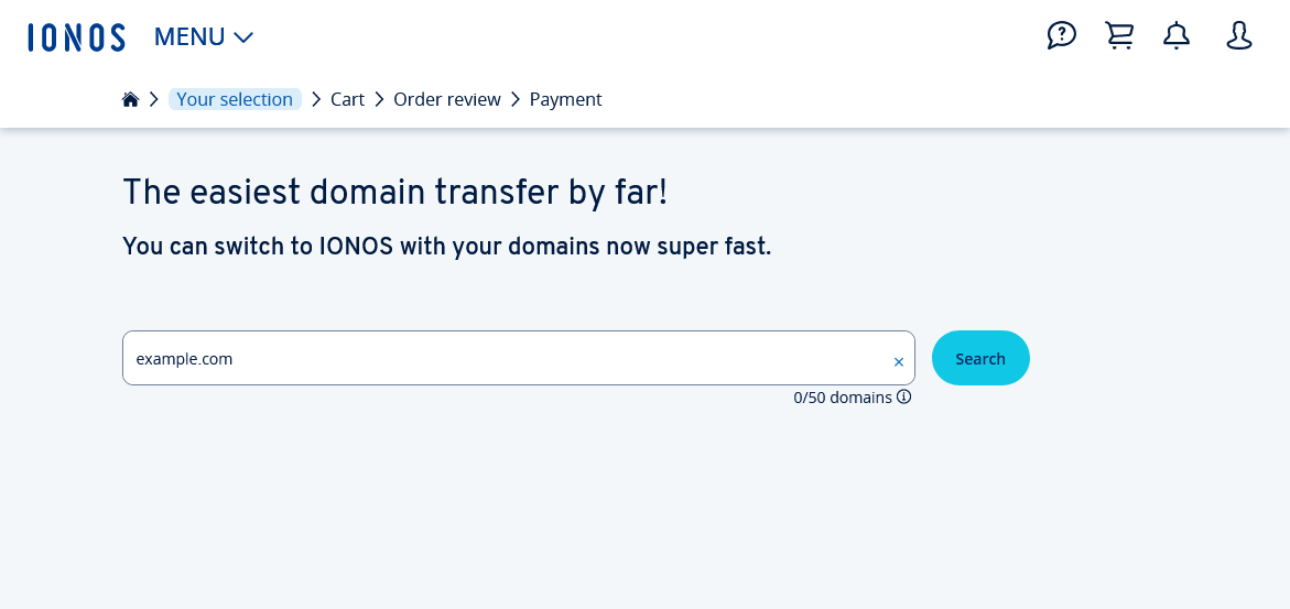 The IONOS domain transfer search page, for looking up domains to potentially transfer.