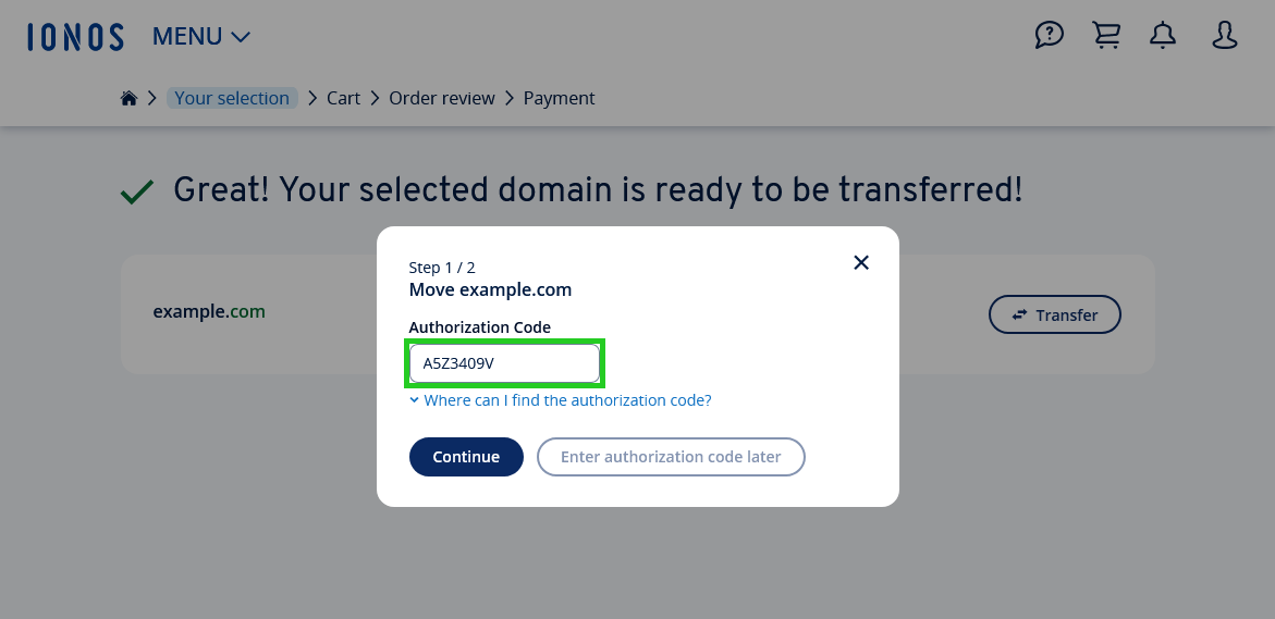 The IONOS domain transfer process with the authorization code input form highlighted.