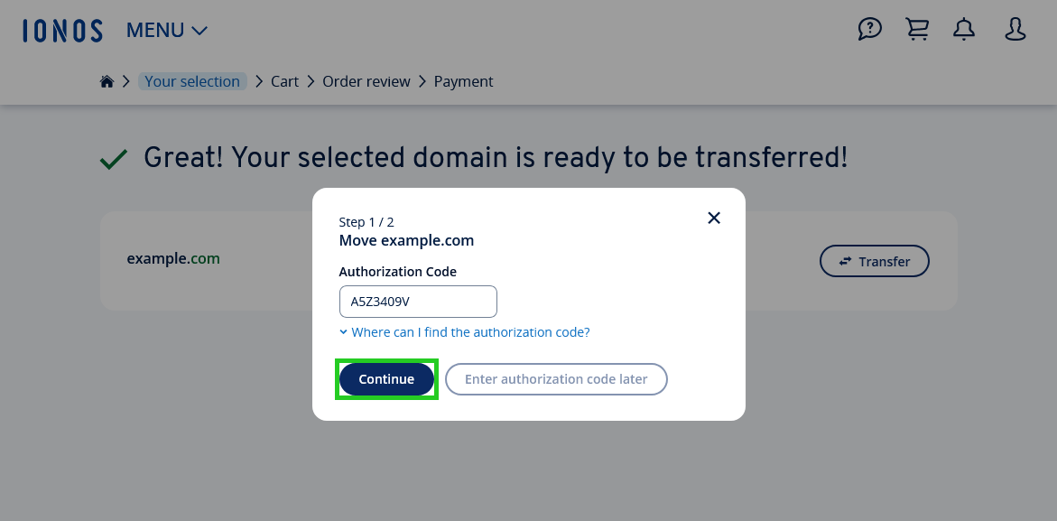 The IONOS domain transfer process with the Continue button highlighted.