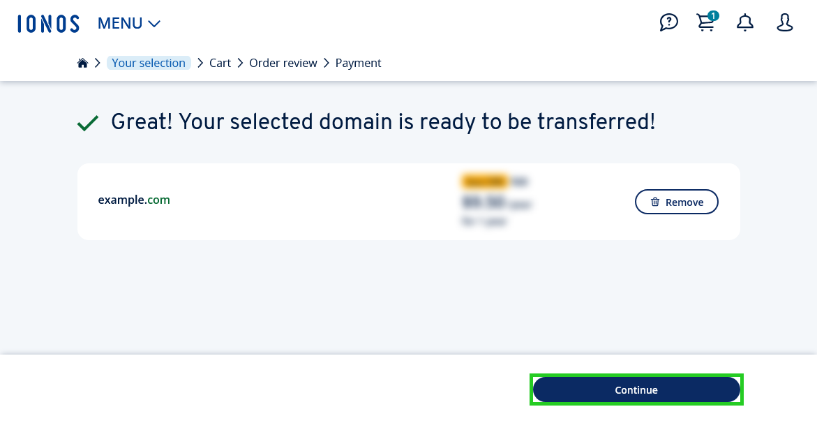 The IONOS checkout process with the Continue button highlighted.