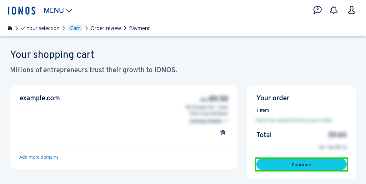 The shopping cart overview with the Continue button highlighted.