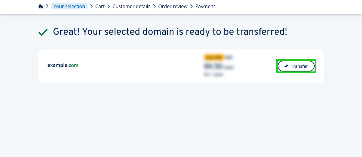 The IONOS Shop page with the Transfer button highlighted.