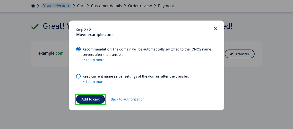 The domain name server settings pop-up with the Add to cart button highlighted.