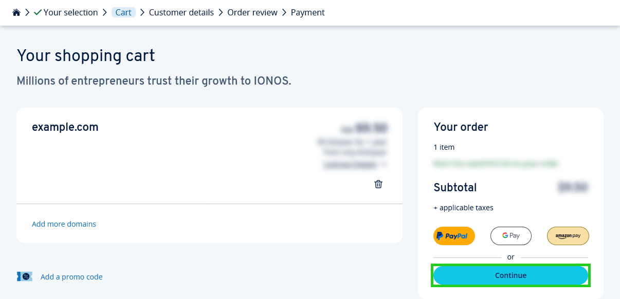 The shopping cart overview with the Continue button highlighted.