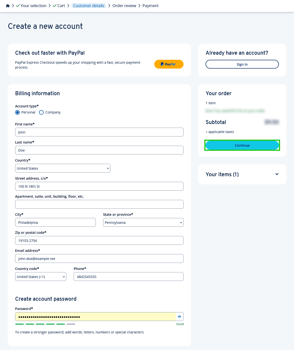 The create a new IONOS account page with the Continue button highlighted.