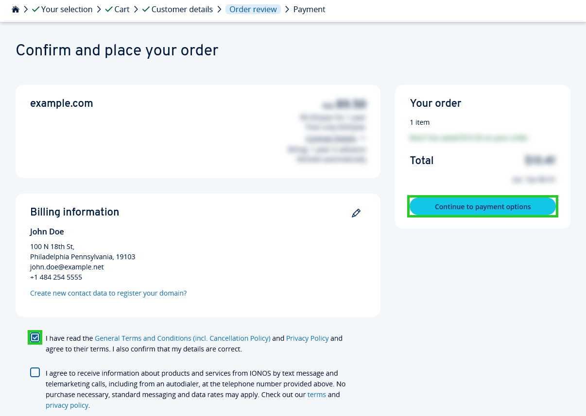 The order confirmation page with the Continue to payment options button highlighted.
