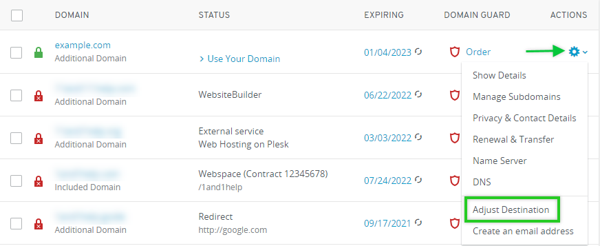 Domains & SSL section - Gear Icon with Adjust Destination selected