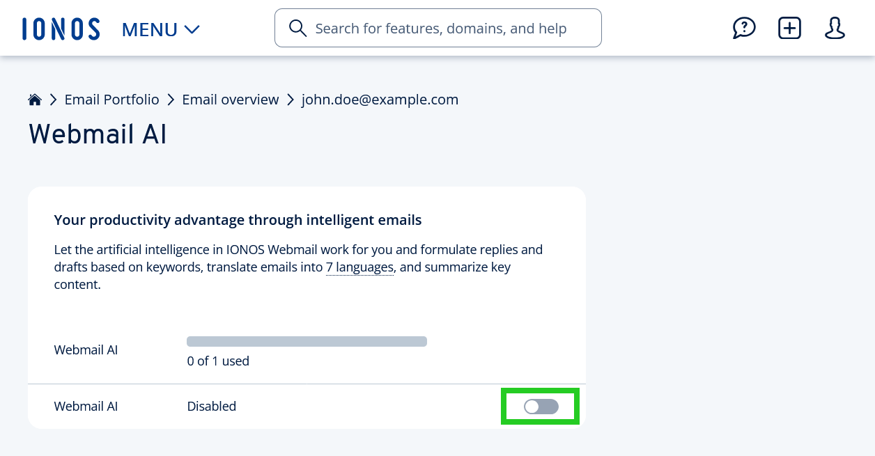 The Webmail AI switch is highlighted on the Webmail AI page.