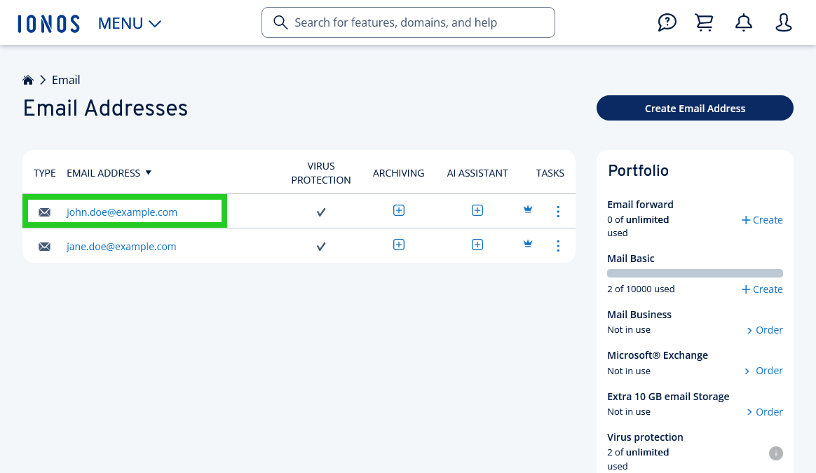 An email address is highlighted on the Email Addresses page.