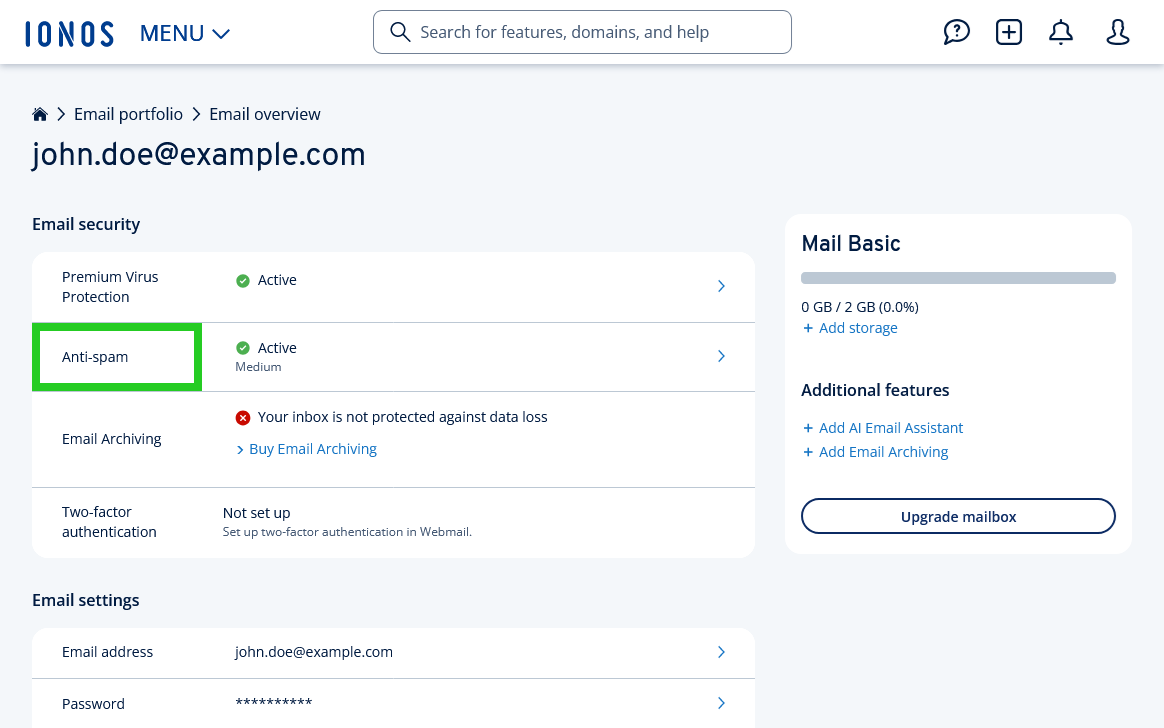The Anti-spam line is highlighted on the email account settings page.