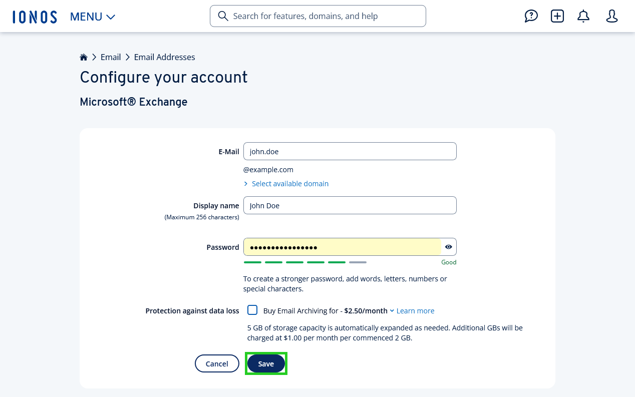 The Microsoft Exchange configuration page in the IONOS account with the Save button highlighted.