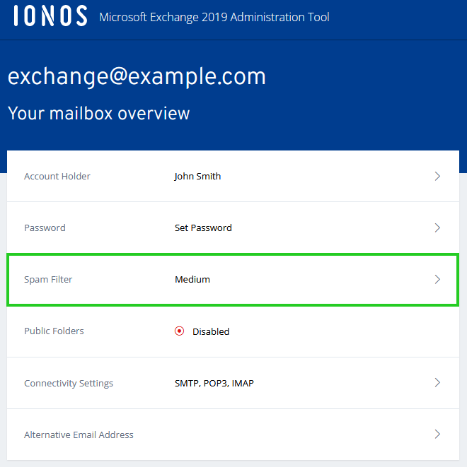 The Microsoft Exchange Administration mailbox overview page, with the spam filter setting highlighted.