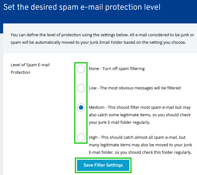 The Microsoft Exchange Administration mailbox overview page, with the spam filter setting highlighted.