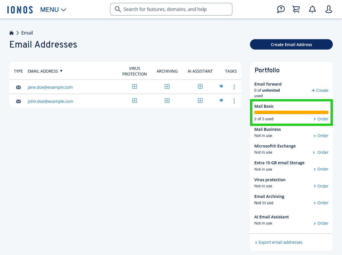 The Mail Basic section is highlighted in the Portfolio tile on the Email Addresses page.