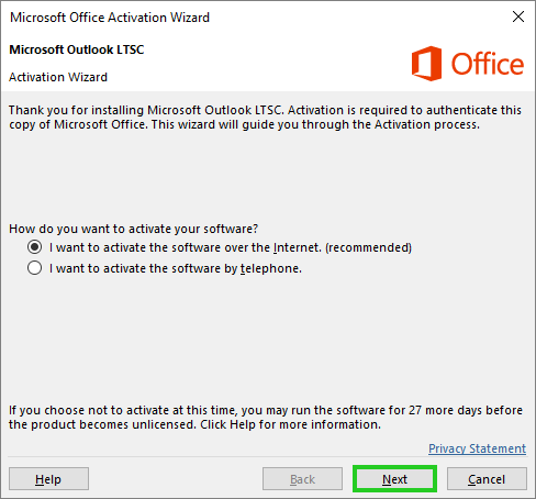Illustration: Dialogue box for activating Outlook 2024 (Outlook LTSC)