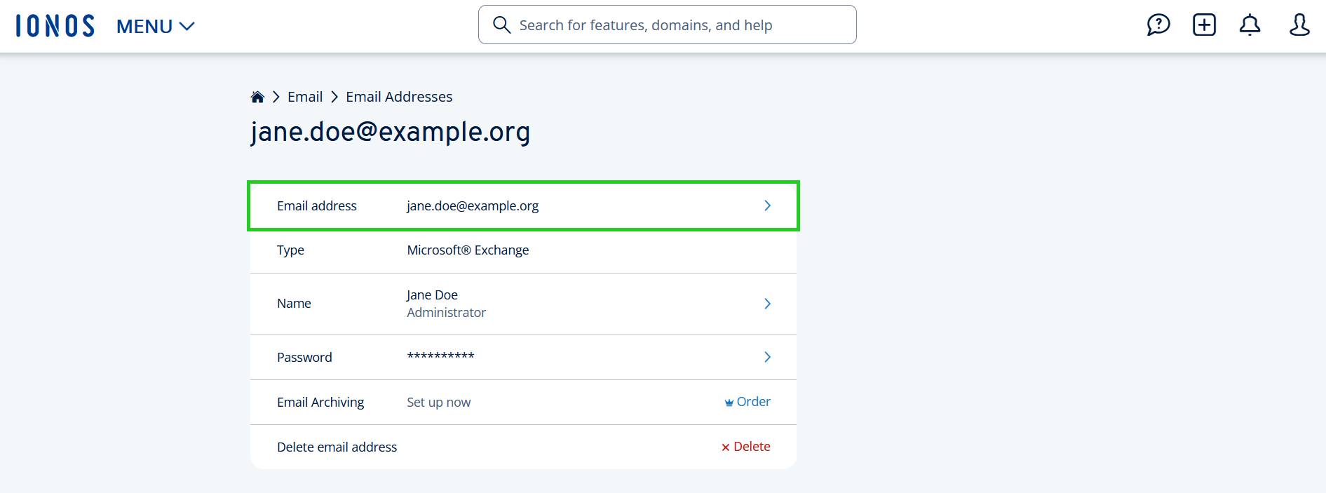 The clickable email address line is highlighted within the email address settings.