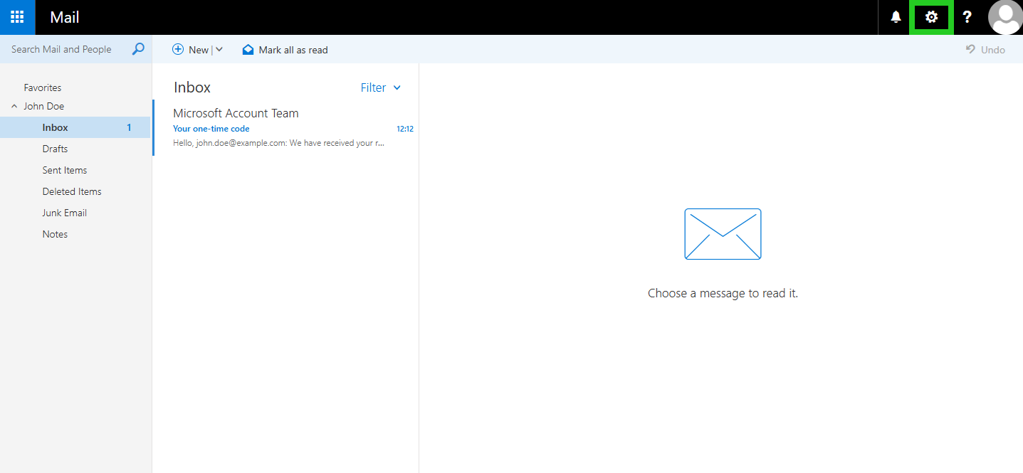 The Outlook Web App with the Settings menu highlighted.