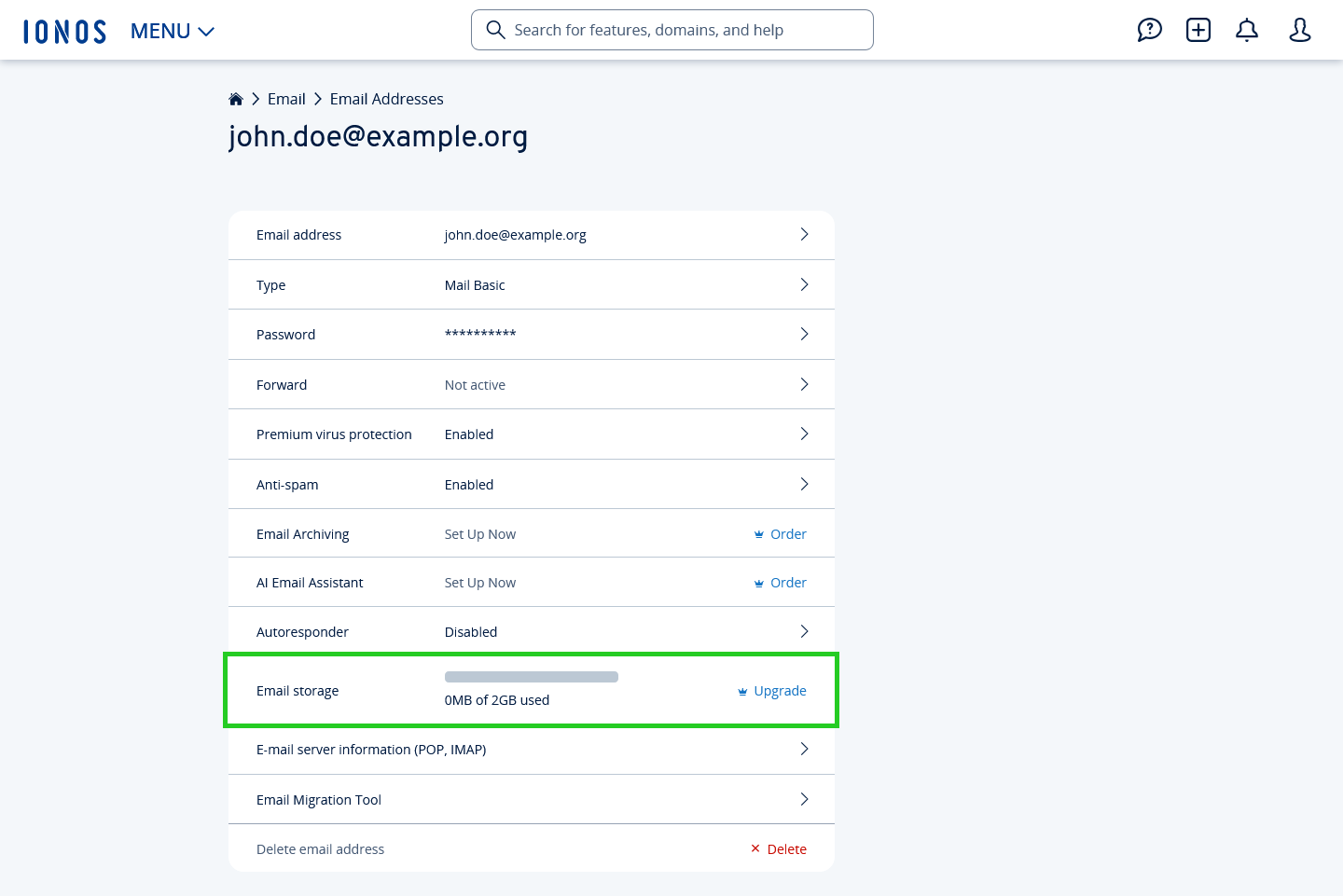 Detailed view of an email address in the IONOS account, with the Upgrade link highlighted.
