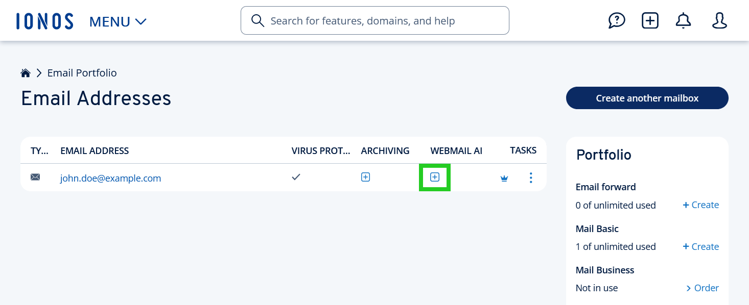 The plus sign under the Webmail AI column is highlighted.