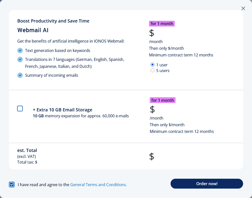 The IONOS Webmail AI order screen.
