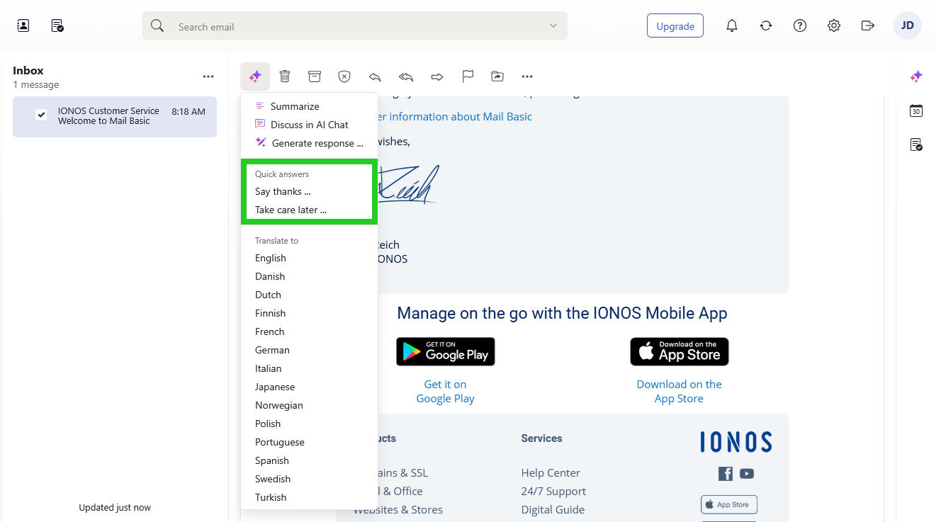 IONOS Webmail with the Quick answers options highlighted within the AI menu.