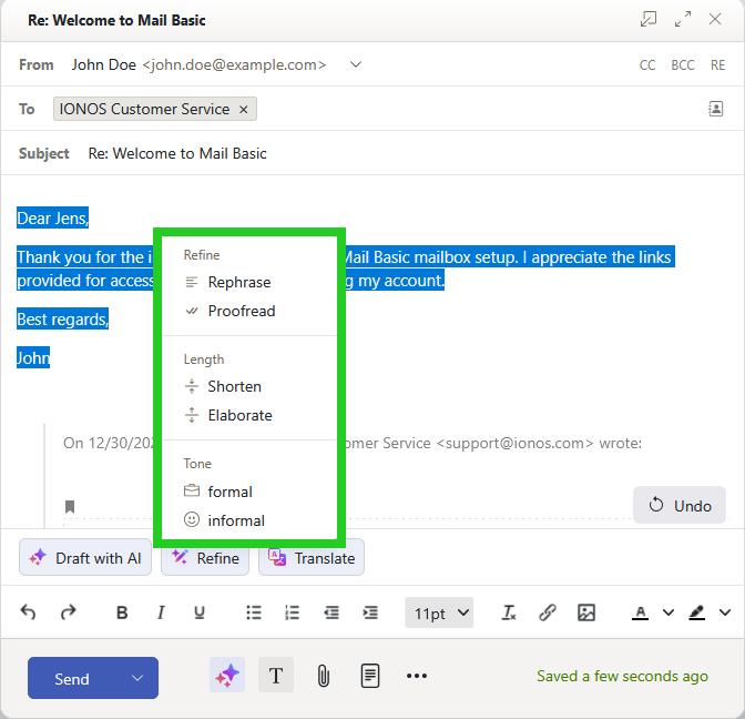 The New email window within IONOS Webmail with the AI Email Assistant's Refine menu highlighted.