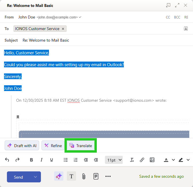 The New email window of IONOS Webmail with sample text selected and the AI Email Assistant's Translate button highlighted.