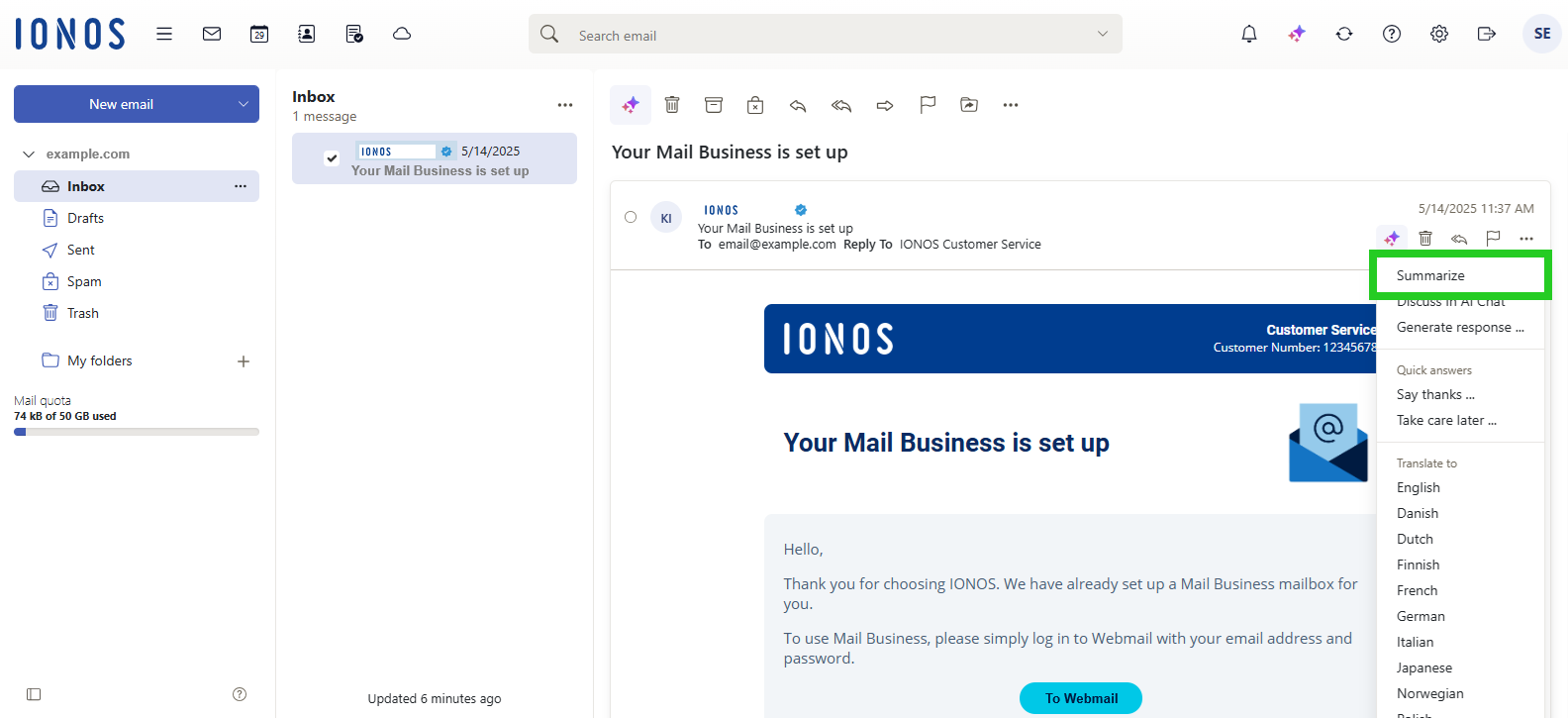 The IONOS Webmail interface with the Summarize option highlighted within the AI Mail Assistant menu.