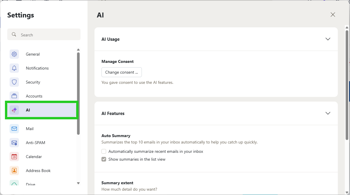 The AI Settings menu within the IONOS Webmail settings overlay, with the AI menu item highlighted.