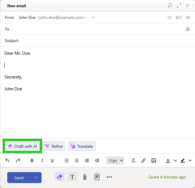The New email window within the IONOS webmail with the Draft with AI button highlighted.