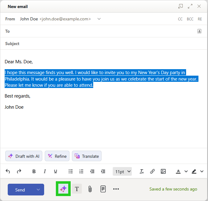The New email window within the IONOS webmail with sample text selected and the AI tooltip highlighted.