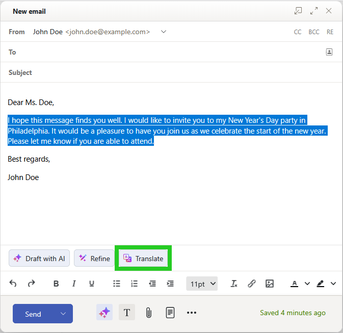 The New email window within the IONOS webmail with sample text selected and the Translate button highlighted.