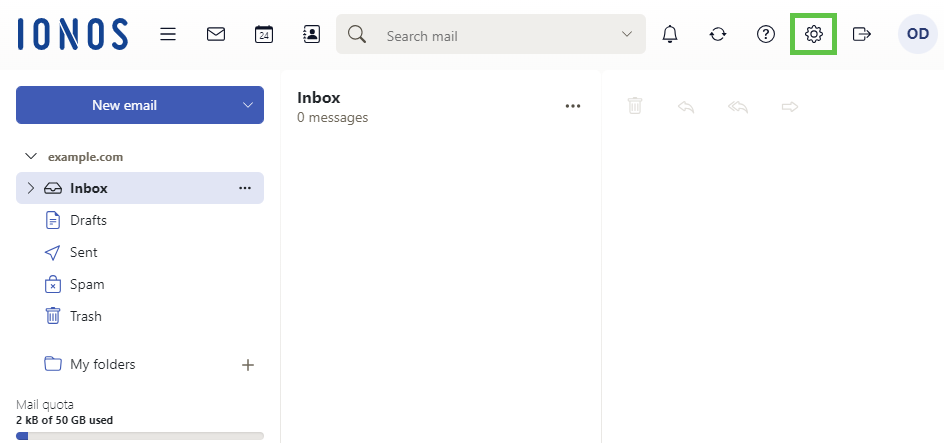 IONOS Webmail with the settings menu option highlighted.