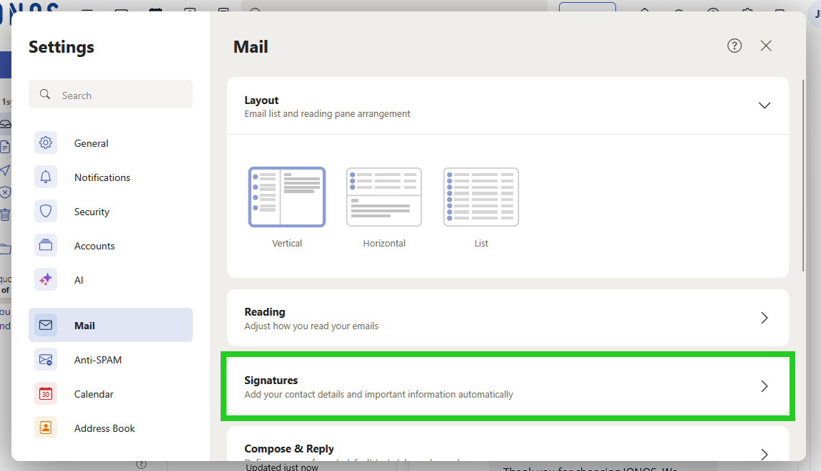 The Signatures option is highlighted within the Mail Settings window of IONOS Webmail.