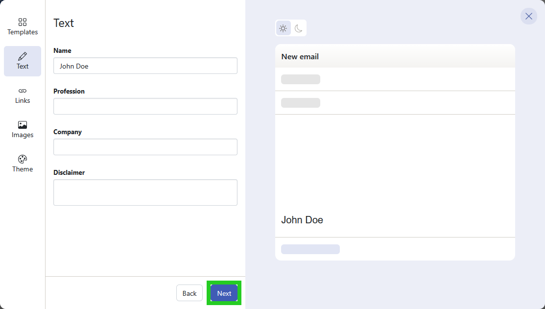 The Next button is highlighted within the Text options window of the Signature setup process.