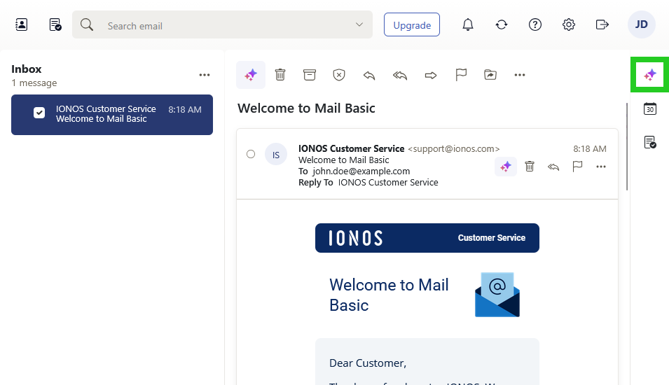 IONOS Webmail with the AI menu option highlighted on the right side.