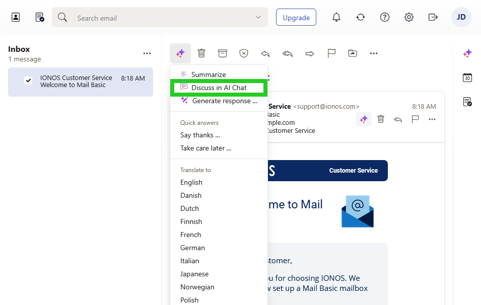 IONOS Webmail with the Discuss in AI Chat option highlighted within the AI menu.