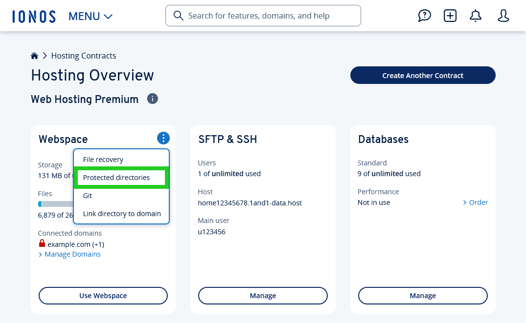 The IONOS Hosting Overview page with the Protected directories option highlighted within the Webspace menu.