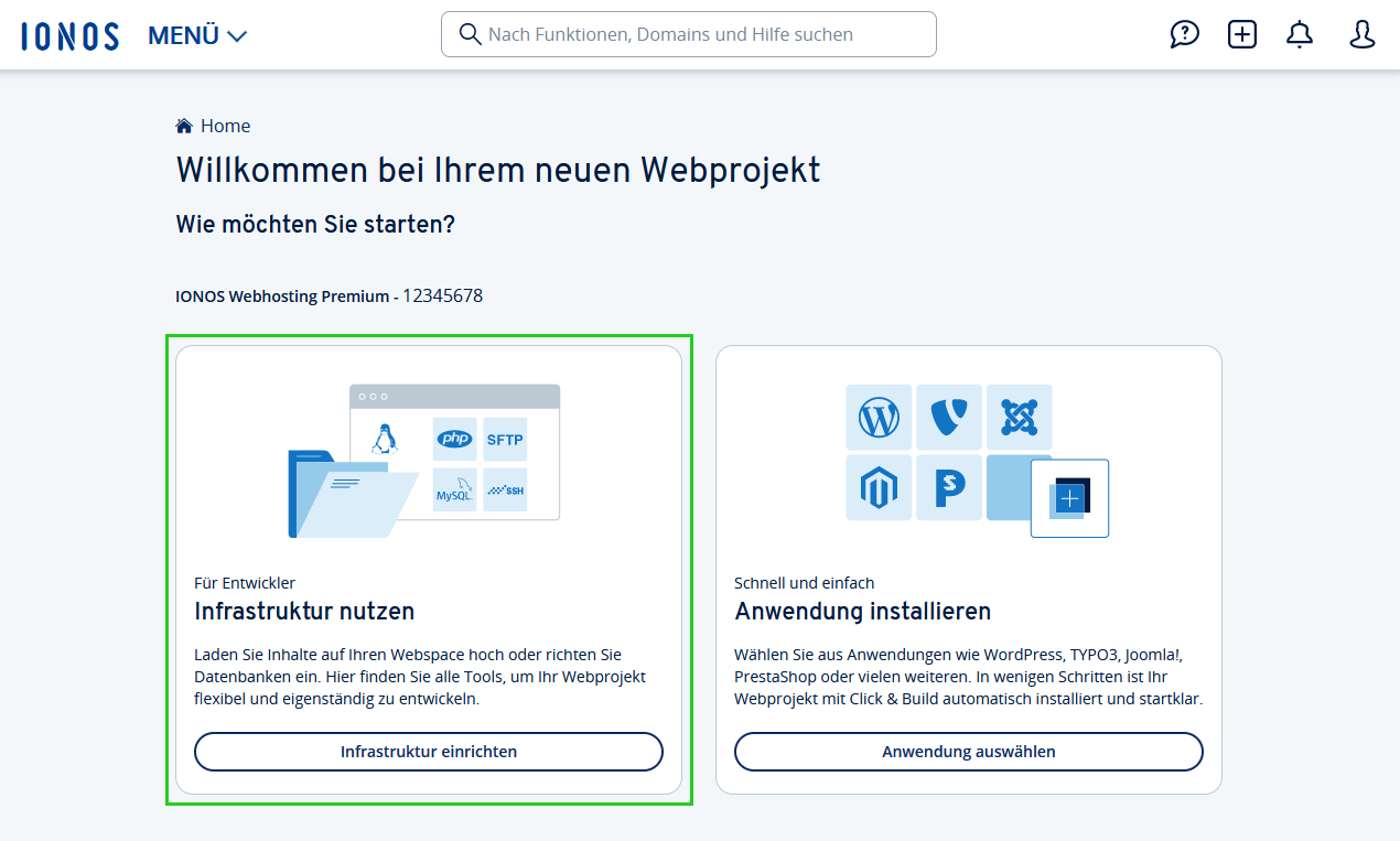 Welcome page of the IONOS account with two options: "Use infrastructure" and "Install application". "Use infrastructure" is highlighted.