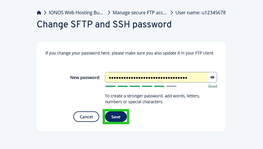 The Change SFTP and SSH password page of the IONOS account with the Save button highlighted.