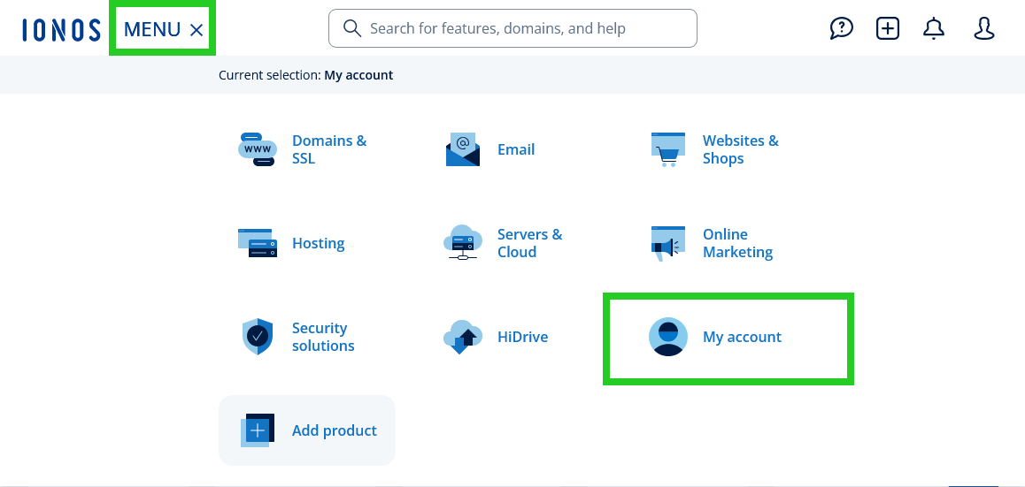 The My account item is highlighted within the IONOS menu.