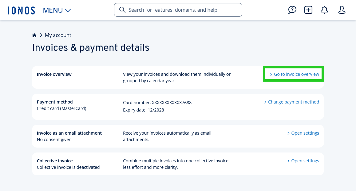 The Go to Invoice overview link is highlighted on the Invoices & payment details page.