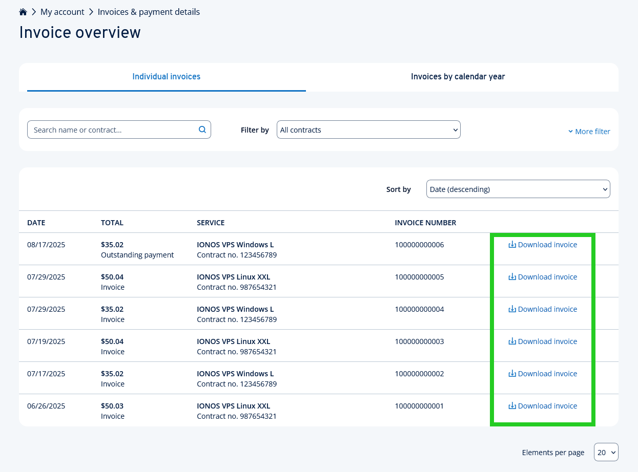 The Individual invoices tab within the Invoice overview page, with the links to download previous invoices highlighted.