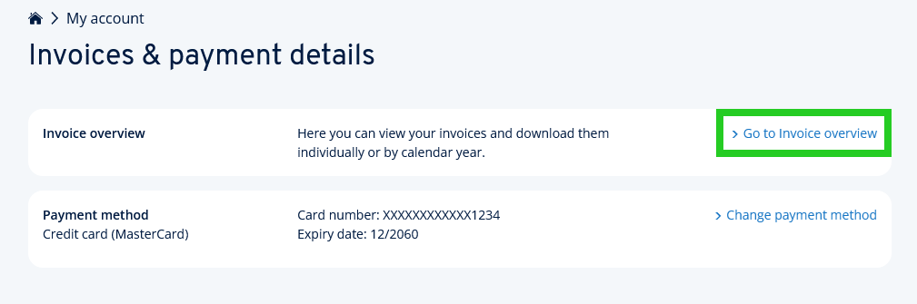 The Go to Invoice overview link highlighted on the Invoices & payment details page.