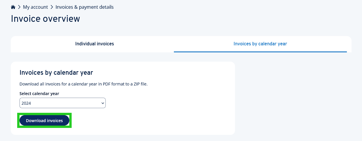 The Download invoices button highlighted on the Invoices by calendar year tab.