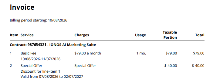 The products and services overview section on an IONOS invoice, showing a billing table with information such as charges and usage.