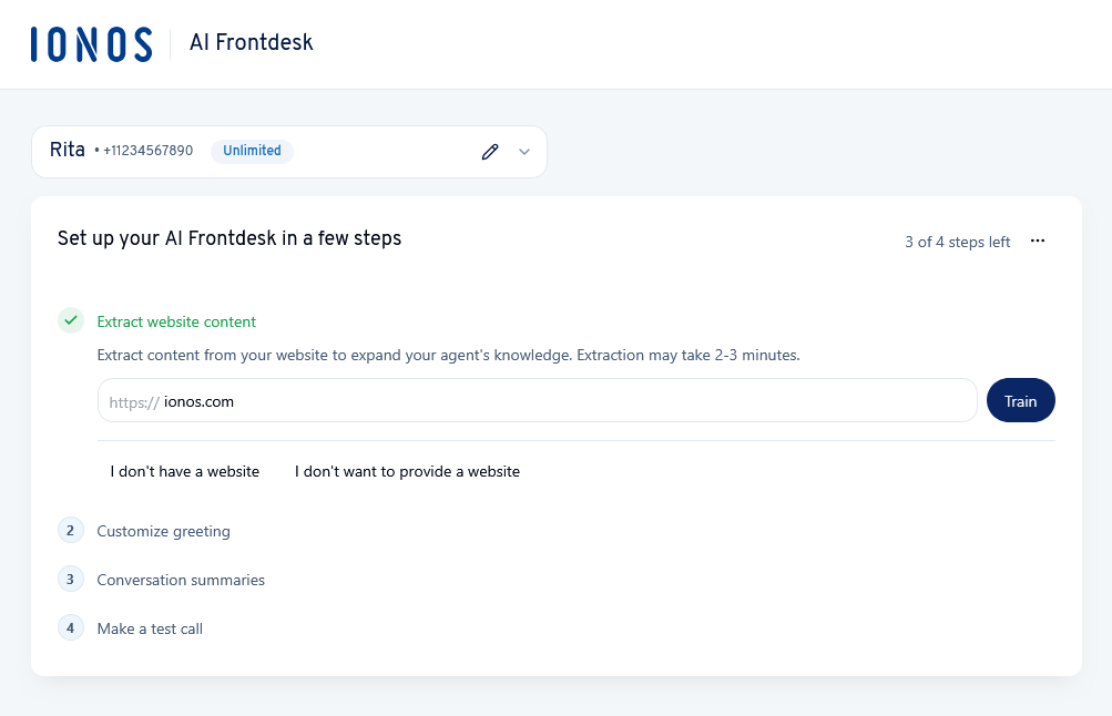 The extract website content step of the AI Frontdesk setup.