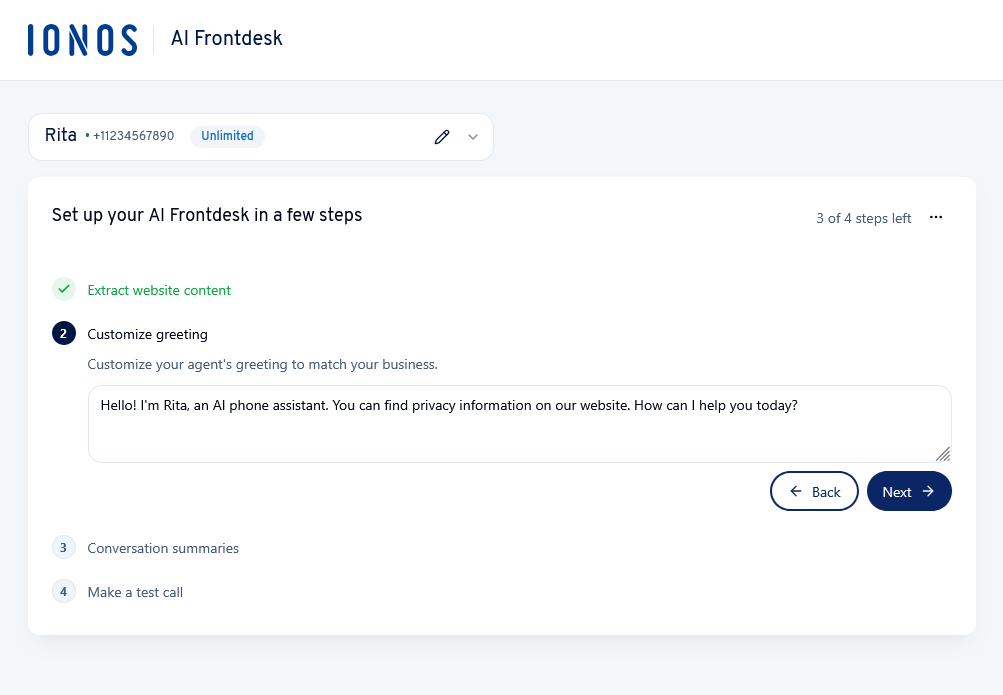 The customize greeting step of the AI Frontdesk setup.